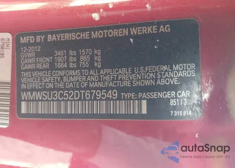 2013 Mini Hardtop Cooper z USA, uszkodzony, nr VIN WMWSU3C52DT679549